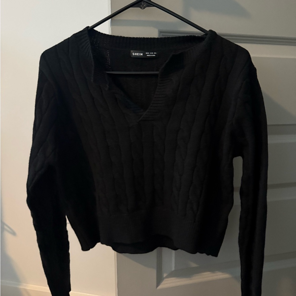 SHEIN Black V-Neck Cable Knit Sweater